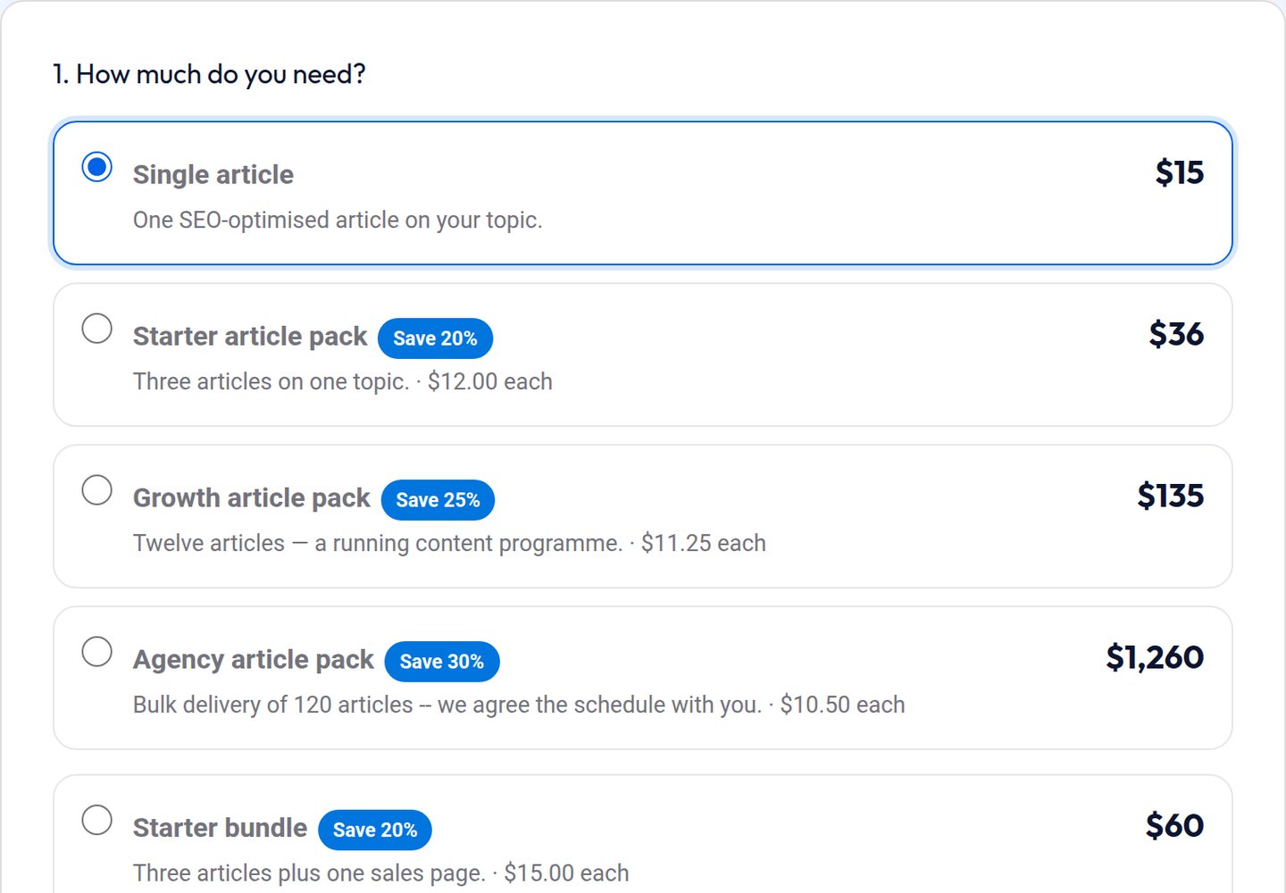The order form: pick one article or a pack, the exact total before you pay